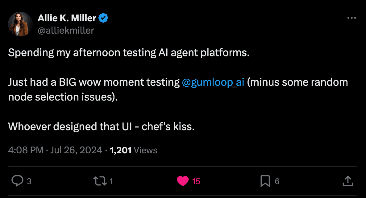 A customer post about automating work with Gumloop